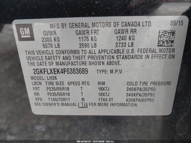 44762157 :رقم المزاد ، 2GKFLXEK4F6383689 vin ، 2015 Gmc Terrain Slt-1 مزاد بيع