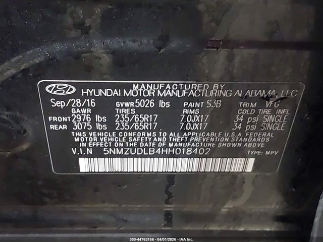 2017 Hyundai Santa Fe Sport 2.4l მანქანა იყიდება აუქციონზე, vin: 5NMZUDLB4HH018402, აუქციონის ნომერი: 44762166
