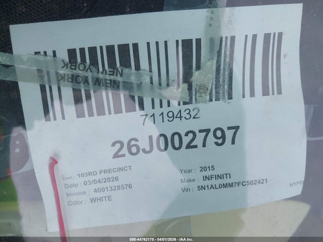 44762170 :رقم المزاد ، 5N1AL0MM7FC502421 vin ، 2015 Infiniti Qx60 مزاد بيع