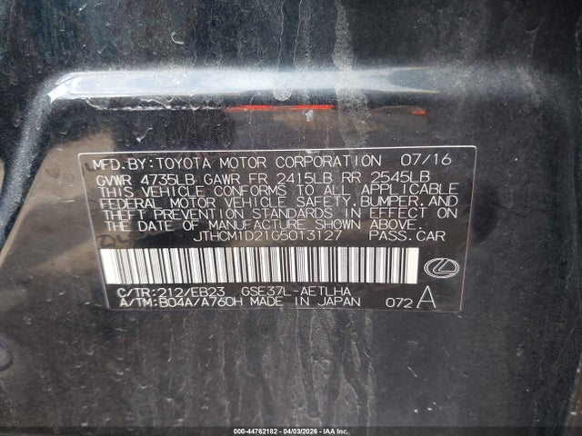 44762182 :رقم المزاد ، JTHCM1D21G5013127 vin ، 2016 Lexus Is 300 مزاد بيع