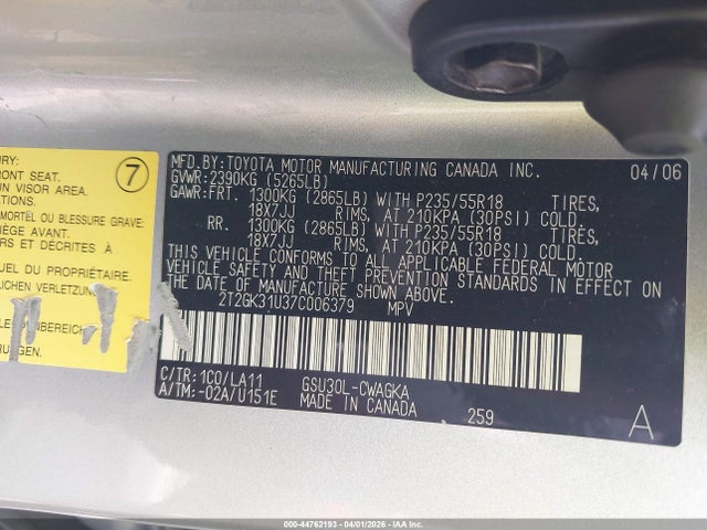 Aukcja sprzedaży 2007 Lexus Rx 350, vin: 2T2GK31U37C006379, numer aukcji: 44762193