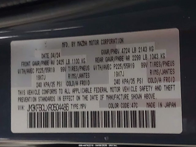 44762218 :رقم المزاد ، JM3KFBCLXR0504486 vin ، 2024 Mazda Cx-5 2.5 S Carbon Edition مزاد بيع