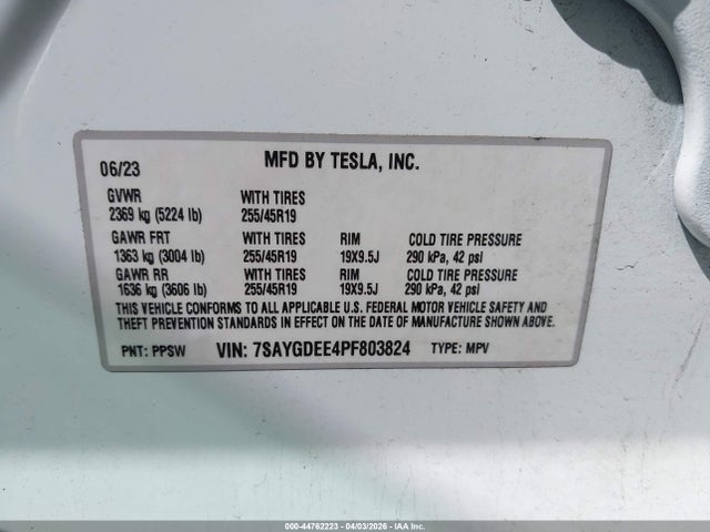 Aukcja sprzedaży 2023 Tesla Model Y, vin: 7SAYGDEE4PF803824, numer aukcji: 44762223