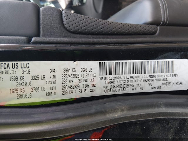 44762225 :رقم المزاد ، 1C4RJFN99JC309755 vin ، 2018 Jeep Grand Cherokee Trackhawk 4x4 مزاد بيع