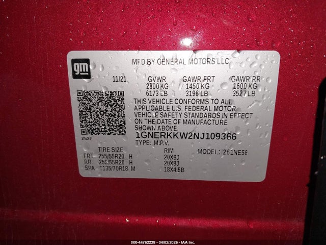 1GNERKKW2NJ109366 Chevrolet Traverse Fwd Premier