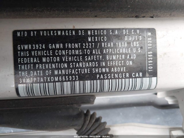 44762250 :رقم المزاد ، 3VWFP7ATXDM665933 vin ، 2013 Volkswagen Beetle 2.5l Entry مزاد بيع