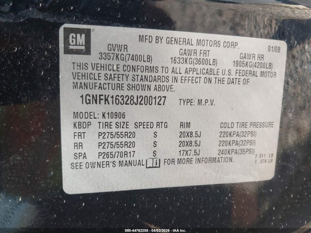 Продажа на аукционе авто 2008 Chevrolet Suburban 1500 Ltz, vin: 1GNFK16328J200127, номер лота: 44762258