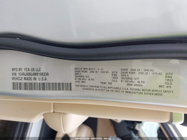 Aukcja sprzedaży 2021 Jeep Grand Cherokee L Limited 4x4, vin: 1C4RJKBG4M8198339, numer aukcji: 44762259