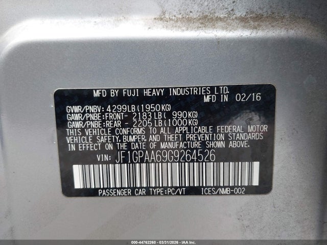 2016 Subaru Impreza 2.0i მანქანა იყიდება აუქციონზე, vin: JF1GPAA69G9264526, აუქციონის ნომერი: 44762260