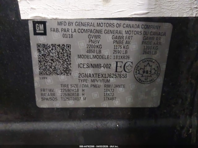 44762269 :رقم المزاد ، 2GNAXTEX1J6257658 vin ، 2018 Chevrolet Equinox Lt مزاد بيع