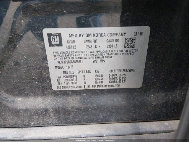 Продаж на аукціоні авто 2016 Chevrolet Trax Lt, vin: KL7CJPSB5GB659351, номер лоту: 44762270