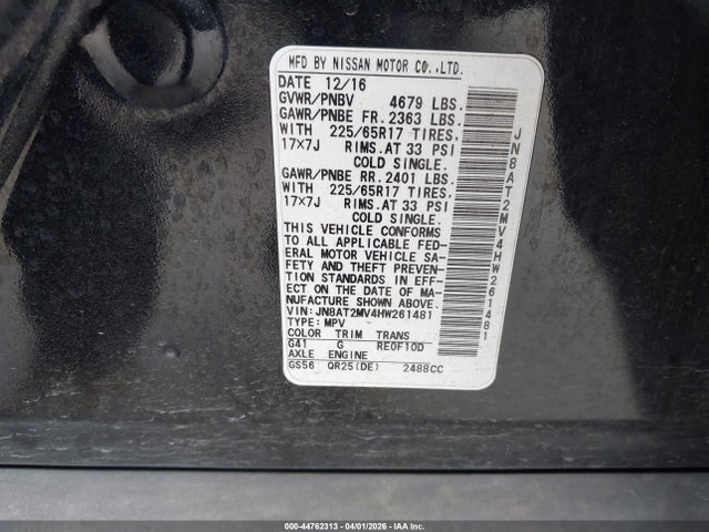 2017 Nissan Rogue S მანქანა იყიდება აუქციონზე, vin: JN8AT2MV4HW261481, აუქციონის ნომერი: 44762313
