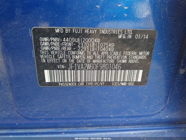 Продаж на аукціоні авто 2015 Subaru Wrx Sti Launch Edition, vin: JF1VA2W60F9801046, номер лоту: 44762322