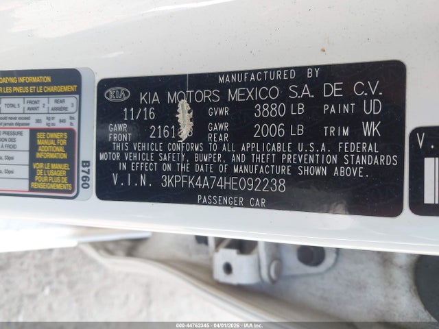 Aukcja sprzedaży 2017 Kia Forte Lx, vin: 3KPFK4A74HE092238, numer aukcji: 44762345