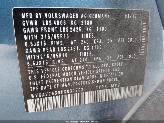 Продажа на аукционе авто 2017 Volkswagen Tiguan 2.0t/2.0t S, vin: WVGAV7AX9HK037702, номер лота: 44762358