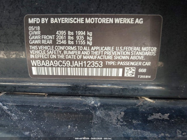44762359 :رقم المزاد ، WBA8A9C59JAH12353 vin ، 2018 Bmw 320i مزاد بيع