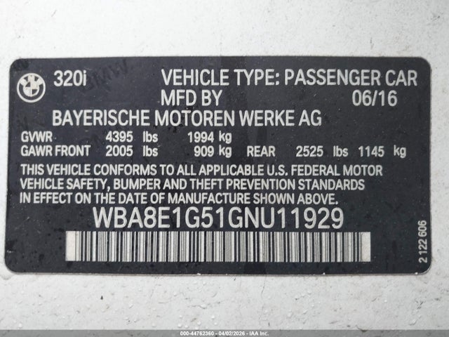 Aukcja sprzedaży 2016 Bmw 320i, vin: WBA8E1G51GNU11929, numer aukcji: 44762360