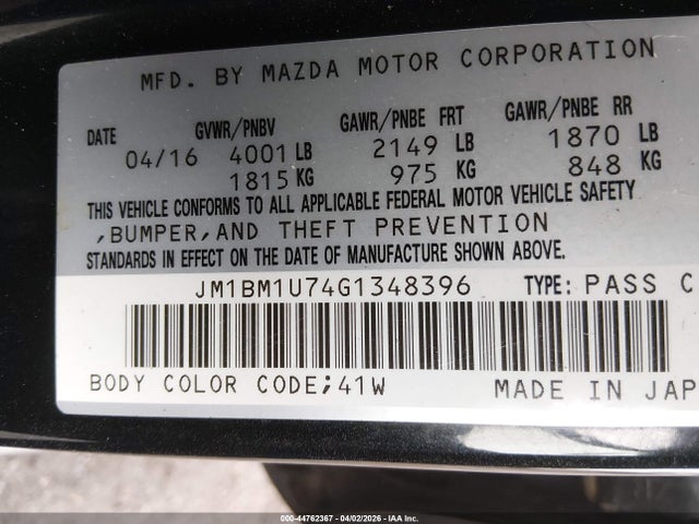 44762367 :رقم المزاد ، JM1BM1U74G1348396 vin ، 2016 Mazda Mazda3 I Sport مزاد بيع