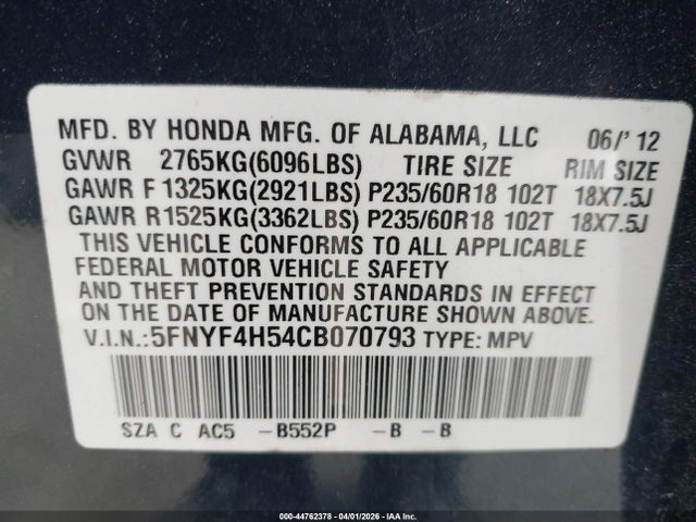 Aukcja sprzedaży 2012 Honda Pilot Ex-l, vin: 5FNYF4H54CB070793, numer aukcji: 44762378