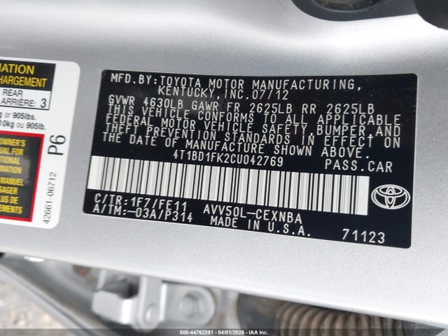 2012 Toyota Camry Hybrid Le მანქანა იყიდება აუქციონზე, vin: 4T1BD1FK2CU042769, აუქციონის ნომერი: 44762391