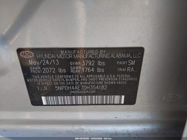 44762392 :رقم المزاد ، 5NPDH4AE7DH354182 vin ، 2013 Hyundai Elantra Gls مزاد بيع