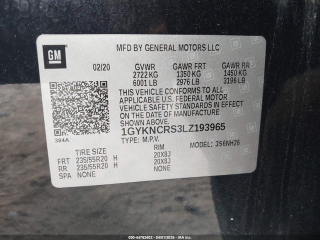 44762402 :رقم المزاد ، 1GYKNCRS3LZ193965 vin ، 2020 Cadillac Xt5 Fwd Premium Luxury مزاد بيع