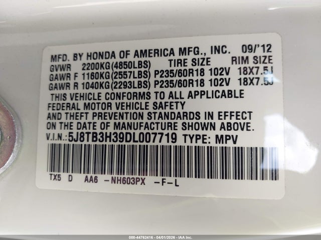 Aukcja sprzedaży 2013 Acura Rdx, vin: 5J8TB3H39DL007719, numer aukcji: 44762416