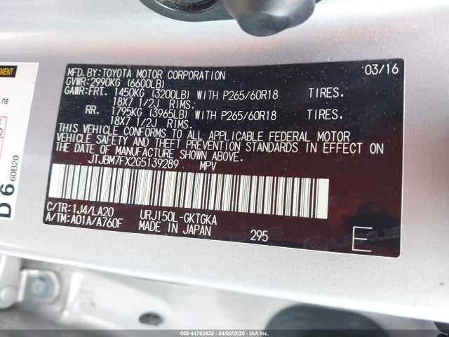 44762435 :رقم المزاد ، JTJBM7FX2G5139289 vin ، 2016 Lexus Gx 460 مزاد بيع