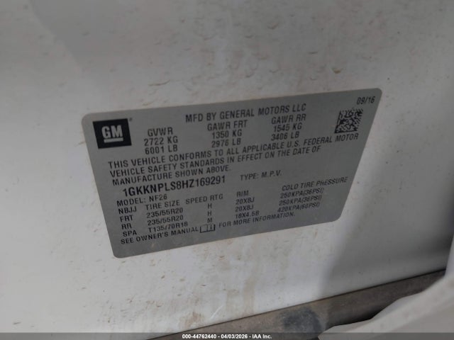 Aukcja sprzedaży 2017 Gmc Acadia Denali, vin: 1GKKNPLS8HZ169291, numer aukcji: 44762440