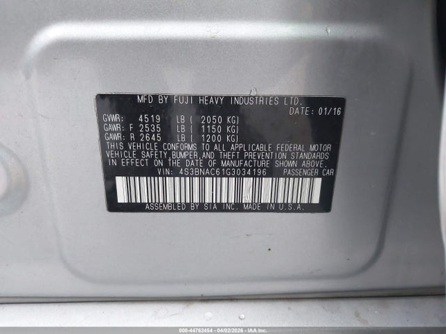 44762454 :رقم المزاد ، 4S3BNAC61G3034196 vin ، 2016 Subaru Legacy 2.5i Premium مزاد بيع