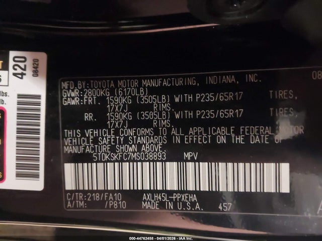 Auction sale of the 2021 Toyota Sienna Le, vin: 5TDKSKFC7MS038893, lot number: 44762458