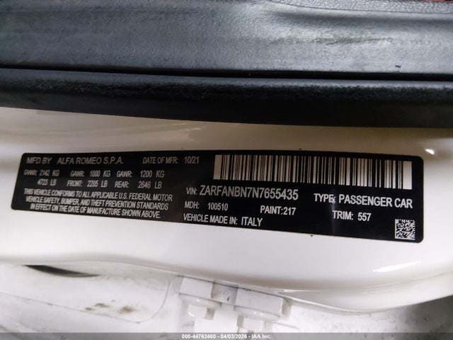 2022 Alfa Romeo Giulia Veloce Awd მანქანა იყიდება აუქციონზე, vin: ZARFANBN7N7655435, აუქციონის ნომერი: 44762460