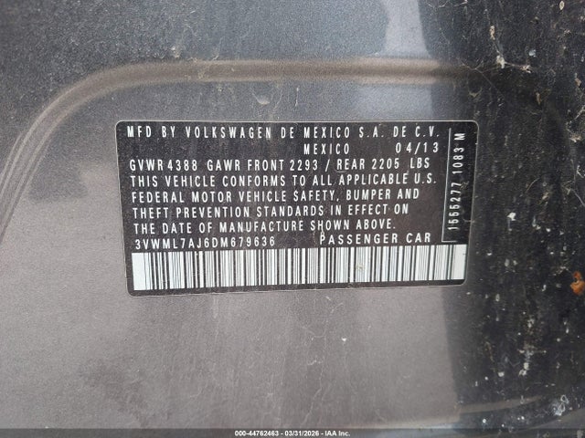 44762463 :رقم المزاد ، 3VWML7AJ6DM679636 vin ، 2013 Volkswagen Jetta Sportwagen 2.0l Tdi مزاد بيع