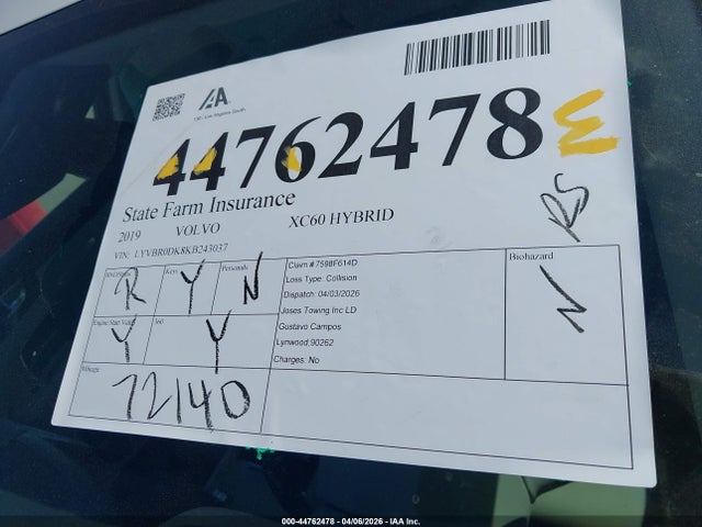 LYVBR0DK8KB243037 Volvo Xc60 Hybrid T8 Momentum