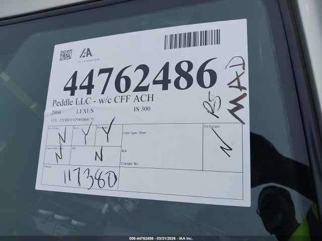 Aukcja sprzedaży 2004 Lexus Is 300, vin: JTHBD192940084170, numer aukcji: 44762486