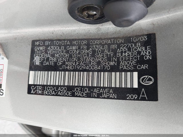 Aukcja sprzedaży 2004 Lexus Is 300, vin: JTHBD192940084170, numer aukcji: 44762486