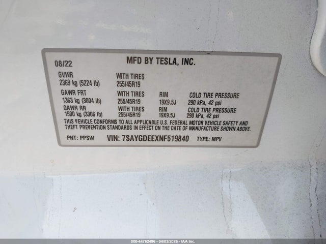 Aukcja sprzedaży 2022 Tesla Model Y Long Range Dual Motor All-wheel Drive, vin: 7SAYGDEEXNF519840, numer aukcji: 44762496