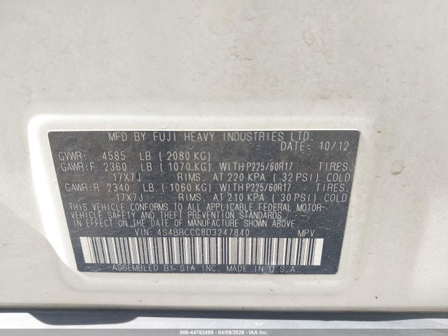 Aukcja sprzedaży 2013 Subaru Outback 2.5i Premium, vin: 4S4BRCCC8D3247840, numer aukcji: 44762498