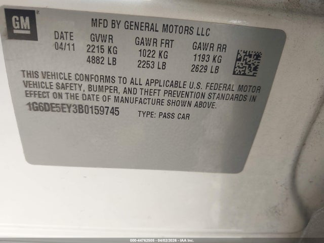44762505 :رقم المزاد ، 1G6DE5EY3B0159745 vin ، 2011 Cadillac Cts Luxury مزاد بيع