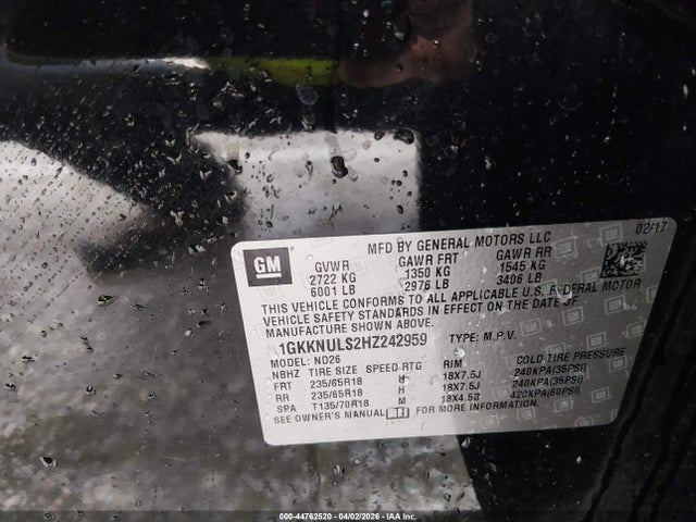 44762520 :رقم المزاد ، 1GKKNULS2HZ242959 vin ، 2017 Gmc Acadia Slt-1 مزاد بيع