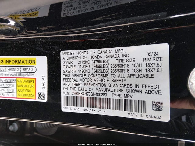 Aukcja sprzedaży 2025 Honda Cr-v Ex-l Awd, vin: 2HKRS4H73SH400280, numer aukcji: 44762538