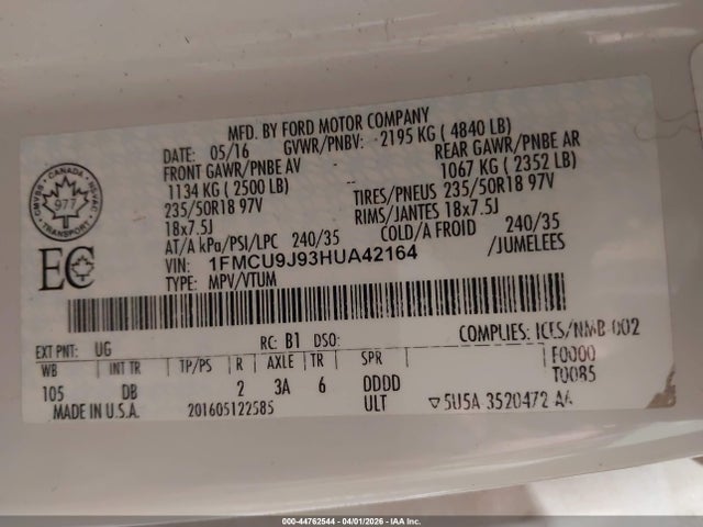 Aukcja sprzedaży 2017 Ford Escape Titanium, vin: 1FMCU9J93HUA42164, numer aukcji: 44762544
