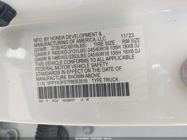 Aukcja sprzedaży 2023 Honda Ridgeline Rtl, vin: 5FPYK3F57PB063519, numer aukcji: 44762547