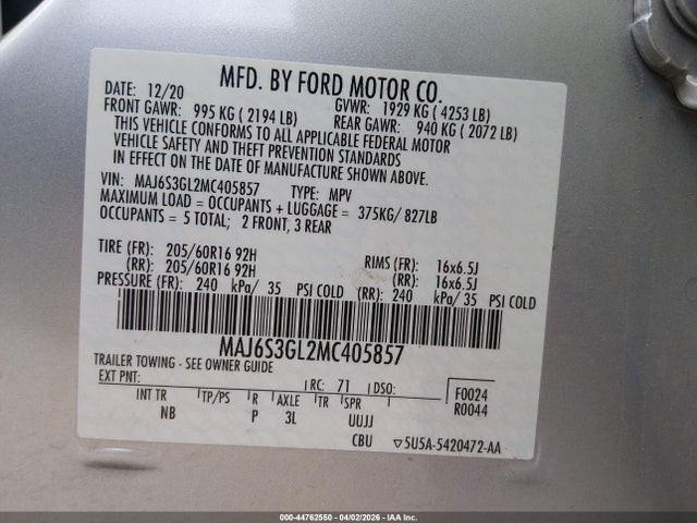 Aukcja sprzedaży 2021 Ford Ecosport Se, vin: MAJ6S3GL2MC405857, numer aukcji: 44762550