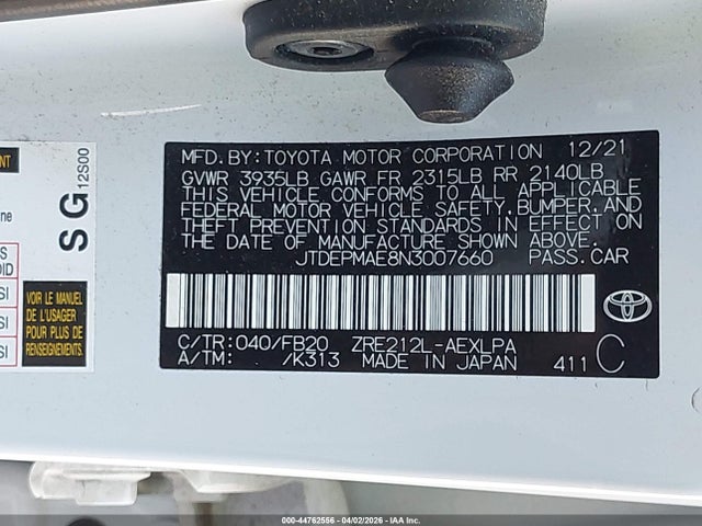 44762556 :رقم المزاد ، JTDEPMAE8N3007660 vin ، 2022 Toyota Corolla Le مزاد بيع