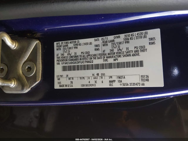 2015 Ford Escape Se მანქანა იყიდება აუქციონზე, vin: 1FMCU0GX3FUC76822, აუქციონის ნომერი: 44762557