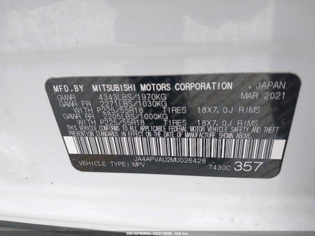 Продаж на аукціоні авто 2021 Mitsubishi Outlander Sport 2.0 Se 2wd, vin: JA4APVAU2MU026428, номер лоту: 44762562
