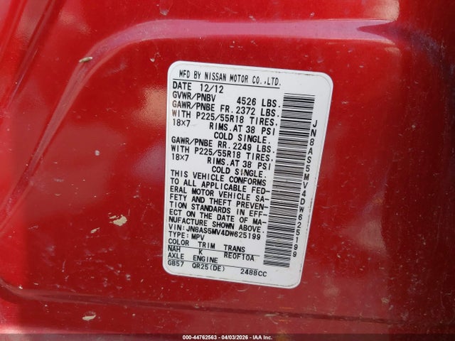 Продаж на аукціоні авто 2013 Nissan Rogue Sv W/sl Pkg, vin: JN8AS5MV4DW625199, номер лоту: 44762563