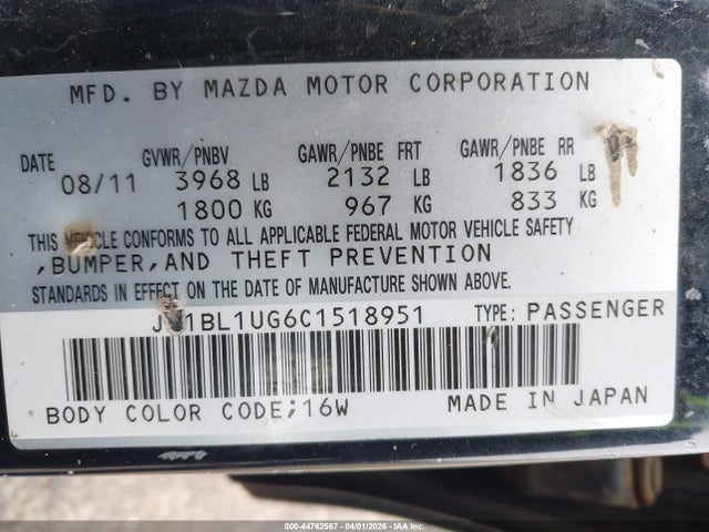 44762567 :رقم المزاد ، JM1BL1UG6C1518951 vin ، 2012 Mazda Mazda3 I Sport مزاد بيع