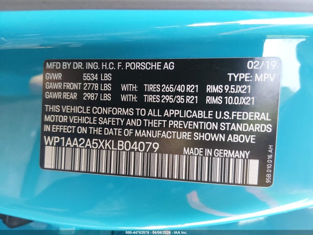 44762576 :رقم المزاد ، WP1AA2A5XKLB04079 vin ، 2019 Porsche Macan مزاد بيع